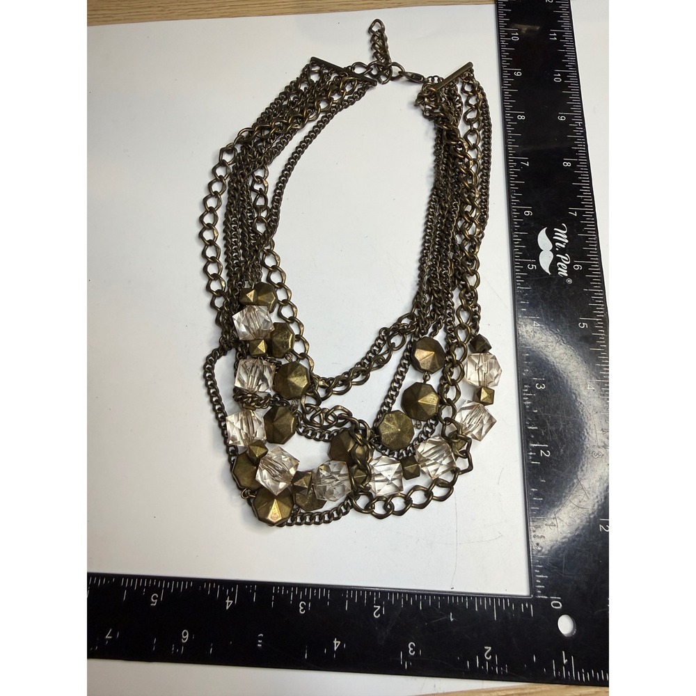 Antique Brass Multi Strand Statement Necklace Geometric Beads Clear Faceted Bib